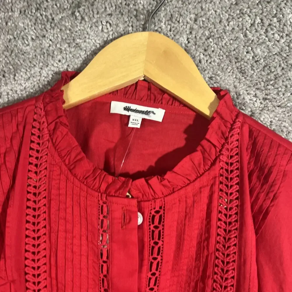 Madewell Women's XXL 2XL Red Lace Pintuck Long Puff Sleeve Blouse NWT Boho Top